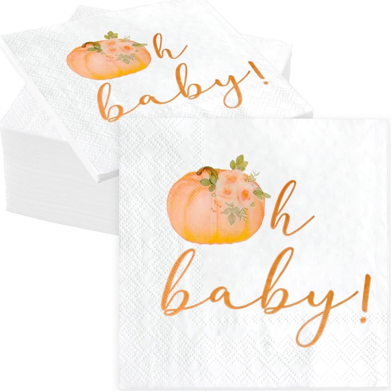 مناديل ورقية برتقالية اللون من Baby Little Pumpkin مقاس 6.5 × 6.5 بوصة لحفلات استقبال المولود ذات الطابع الخريفي، أفكار أدوات مائدة للكشف عن جنس الطفل في الخريف، عبوة من 50 قطعة