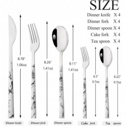 20 قطعة (4 مجموعات) من أدوات المائدة المصنوعة من الفولاذ المقاوم للصدأ باللون الفضي بمقبض من الرخام الأبيض، أدوات مائدة الزفاف والاستخدام اليومي، أدوات مائدة لحفلات المطاعم المنزلية، لمسة نهائية بمرآة