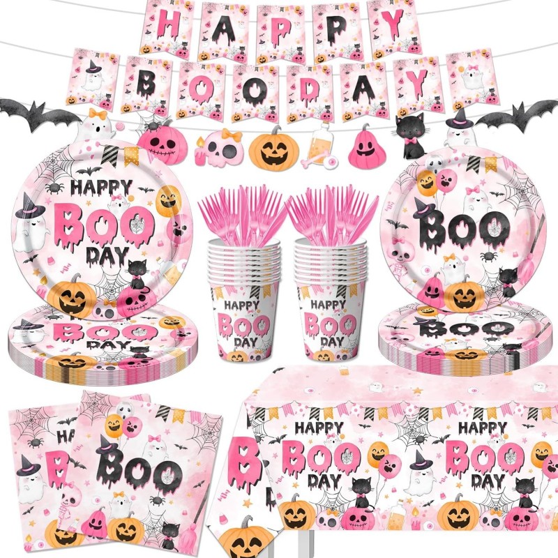 ديكورات حفلات عيد الهالوين Happy Boo Day، 142 قطعة من أدوات المائدة الوردية لديكور الهالوين، أطباق ومناديل Happy Boo Day، أكواب، لافتة، مفارش طاولة، ديكورات Happy Boo Day للبنات