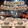 مجموعة أدوات المائدة لحفلة الهالوين من Emopeak - مجموعة أدوات المائدة Happy Halloween، 98 قطعة من أدوات المائدة الرهيبة لحفلة الهالوين، أطباق لافتات وأكواب ومناديل ومفارش طاولة لحفلة الهالوين في الخريف