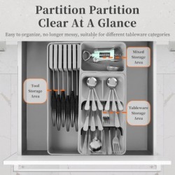 صينية تنظيم أدراج أدوات المائدة مع حامل سكاكين، حامل أدوات المائدة والأواني، مقسم للملاعق والشوك والسكاكين وأدوات المائدة، تخزين أدوات المائدة البلاستيكية لدرج المطبخ