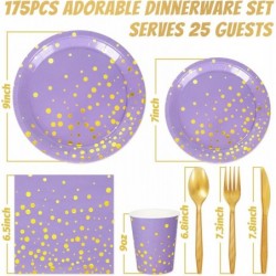 مجموعة أدوات مائدة ورقية من Whaline مكونة من 175 قطعة من أدوات مائدة حفلات باللون الخزامي مع نقاط ذهبية وأطباق ومناديل وأكواب باللون الأرجواني، مجموعة أدوات مائدة للاستخدام مرة واحدة لحفلات الزفاف وأعياد الميلاد، تكفي 25 ضيفًا