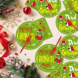 مجموعة أدوات المائدة الورقية والمناديل الورقية من 96 قطعة لحفلات Grinchmas وعيد الميلاد المجيد وعيد الشتاء من Whoville هدية عيد الميلاد لـ 24 ضيفًا