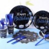 مجموعة أدوات مائدة للحفلات مكونة من 171 قطعة من Vesici Happy Birthday Party Supplies، 24 مجموعة من أدوات المائدة التي تستخدم لمرة واحدة، تتضمن أطباق وأكواب ومناديل وأدوات مائدة ولافتة ومفارش طاولة وديكورات حفلات أعياد الميلاد للرجال والنساء (أسود، أزرق)