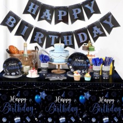 مجموعة أدوات مائدة للحفلات مكونة من 171 قطعة من Vesici Happy Birthday Party Supplies، 24 مجموعة من أدوات المائدة التي تستخدم لمرة واحدة، تتضمن أطباق وأكواب ومناديل وأدوات مائدة ولافتة ومفارش طاولة وديكورات حفلات أعياد الميلاد للرجال والنساء (أسود، أزرق)