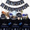 مجموعة أدوات مائدة للحفلات مكونة من 171 قطعة من Vesici Happy Birthday Party Supplies، 24 مجموعة من أدوات المائدة التي تستخدم لمرة واحدة، تتضمن أطباق وأكواب ومناديل وأدوات مائدة ولافتة ومفارش طاولة وديكورات حفلات أعياد الميلاد للرجال والنساء (أسود، أزرق)