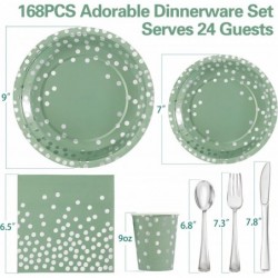 أطباق ورقية خضراء حكيمية - 168 قطعة من أطباق خضراء حكيمية، لوازم حفلات للاستخدام مرة واحدة تكفي 24 شخصًا لحفلات أعياد الميلاد وحفلات الزفاف وحفلات استقبال المولود باللونين الأخضر الحكيم والفضي