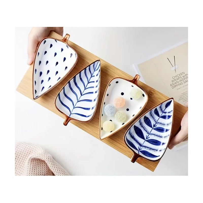 4pcs Painted Leaf-Shaped Ceramic Snack Dish, Glazed Serving Plate