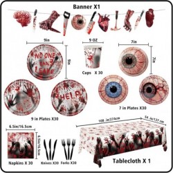 182 قطعة من لوازم حفلات الهالوين، ديكورات حفلات أفلام الرعب، مجموعة أدوات مائدة بطابع القاتل المخيف، أطباق ومناديل وأكواب ولافتة ومفارش طاولة وشوك وسكاكين لـ 30 ضيفًا