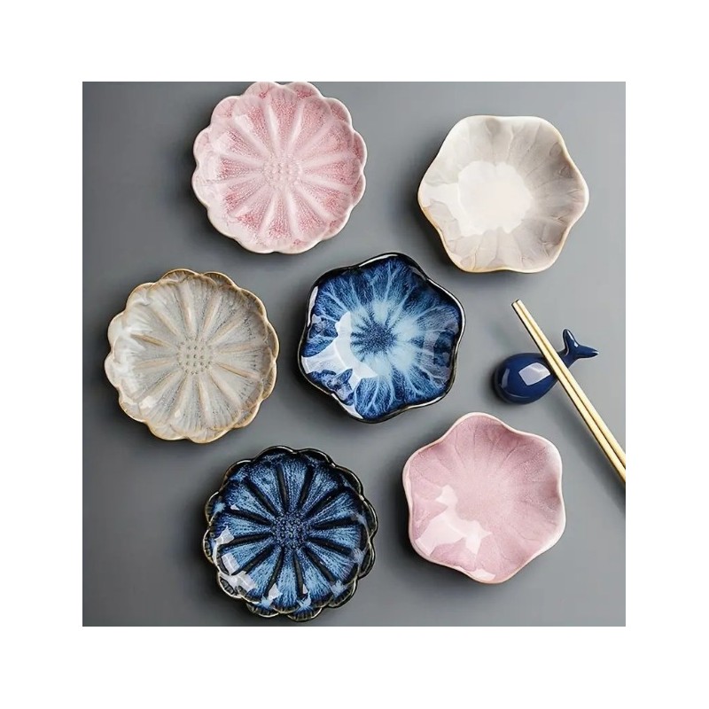 6pcs Ceramic Lotus Leaf Snack Plates, Sushi Soy Sauce Dipping Bowls