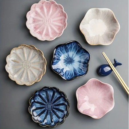 6pcs Ceramic Lotus Leaf Snack Plates, Sushi Soy Sauce Dipping Bowls