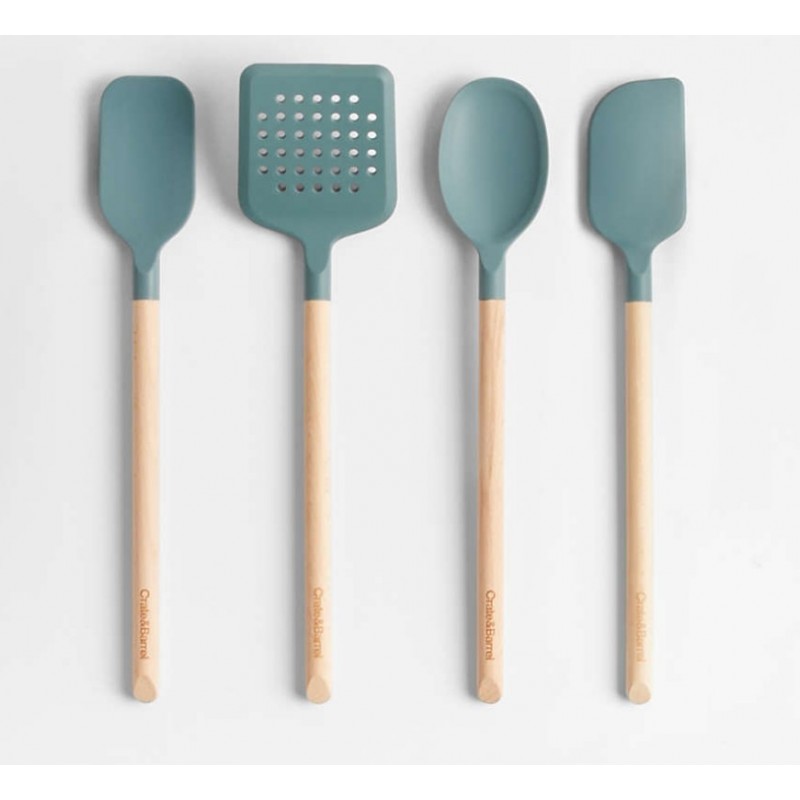 Crate & Barrel Green Silicone and Wood Utensils, Set of 4