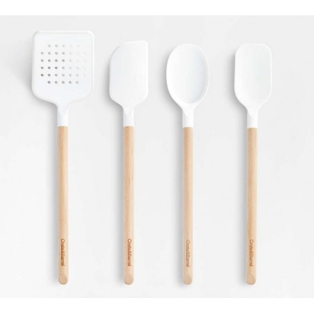 Crate & Barrel White Silicone and Wood Utensil, Set of 4