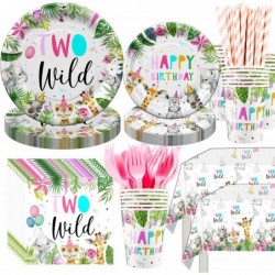 مجموعة أدوات مائدة لحفلات أعياد الميلاد البرية من Two Wild Birthday Party Supplies، ديكورات عيد الميلاد الثاني بطابع الغابة السفاري، تتضمن طبقًا وكوبًا ومنديلًا ومفرشًا للطاولة وقشًا وأدوات مائدة، مجموعة أدوات مائدة لحفلات أعياد الميلاد البرية من Two Wild Birthday Dinner Tools | تكفي 24 شخصًا