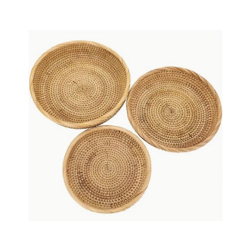 3pc Rattan Bohemian Trays, Round Trays, Fruit Snack Storage Bowls