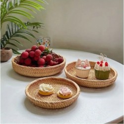 3pc Rattan Bohemian Trays, Round Trays, Fruit Snack Storage Bowls