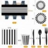 مجموعة أدوات مائدة سوداء وبيضاء مكونة من 154 قطعة للاستخدام مرة واحدة، لوازم حفلات سوداء وبيضاء، مفرش طاولة مخطط مع أدوات مائدة، أغطية طاولات مخططة سوداء وبيضاء، أطباق، أكواب، مناديل، سكاكين سوداء، شوك وملاعق