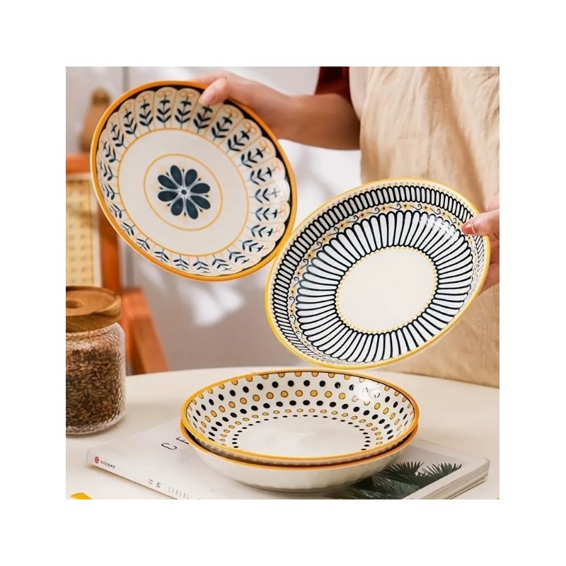 4-Piece Ceramic Plates - Stylish Nordic Retro Design, Deep Plate