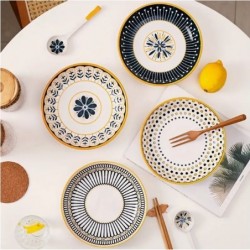 4-Piece Ceramic Plates - Stylish Nordic Retro Design, Deep Plate