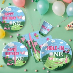 زينة عيد ميلاد فتاة Golf Hole In One - أدوات مائدة باللون الوردي لحفل عيد الميلاد الأول، طبق، كوب، منديل، مفرش طاولة، أدوات مائدة، زينة حفلات الجولف لعيد الميلاد الأول | تكفي 24 ساعة