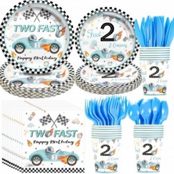 أدوات مائدة من Two Fast Decorations لحفلة عيد ميلاد الصبي - سيارة سباق 2nd Birthday Supplies، طبق ورقي، منديل، كوب، أدوات مائدة يمكن التخلص منها، زينة حفلات سيارة سباق زرقاء لعيد ميلاد طفل يبلغ من العمر عامين | تكفي 20 شخصًا