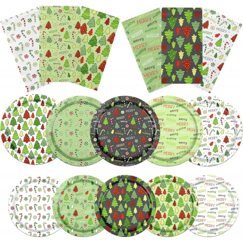 ديكورات حفلات الكريسماس، 60 قطعة من أطباق ورقية لعيد الميلاد ومناديل خضراء لشجرة الكريسماس وأدوات مائدة للحفلات وزينة لعيد الميلاد وعطلة الشتاء
