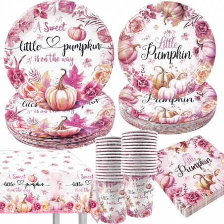 مجموعة أدوات المائدة Happy Fall a Little Pumpkin Is On The Way تكفي 30 ضيفًا مع أطباق ومناديل وأكواب قرع الخريف الوردية، ومفرش طاولة بلاستيكي لحفل استقبال مولود الفتاة