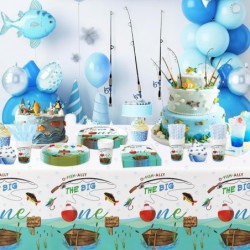 لوازم حفلات أعياد الميلاد الأولى من Gone Fishing - Ofishally One Birthday Decorations أدوات المائدة، الطبق، الكوب، المناديل، أدوات المائدة، مفرش المائدة، ديكورات طاولة عيد الميلاد الأول Little Fisherman | تكفي 24 شخصًا