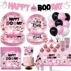 أدوات مائدة لتزيين أعياد الميلاد باللون الوردي للهالوين، أدوات مائدة Happy Boo Day للهالوين مع أطباق ومناديل شبح لطيفة لحفلات استقبال المولود في الهالوين، تكفي 20 شخصًا