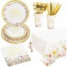 مجموعة أطباق ومناديل Crisky Wildflower Bachelorette Floral Pop Bridal Shower من 24 قطعة لتزيين حفلات الزفاف/الخطوبة (أطباق ومناديل وأكواب ومفرش طاولة وسكين وشوكة)