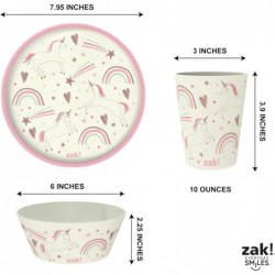 طقم عشاء للأطفال من Zak Designs مكون من 3 قطع، طبق ووعاء وكوب من الميلامين المتين والمستدام، مثالي لتناول العشاء مع العائلة (يونيكورن خيالي)