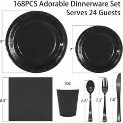 لوازم الحفلات السوداء، أطباق سوداء، مجموعات أدوات مائدة للاستعمال مرة واحدة، 168 قطعة من أطباق الحفلات، أطباق ورقية سوداء ومناديل لحفلات الهالوين وأعياد الميلاد والذكرى السنوية، ديكورات حفلات سوداء تكفي 24 شخصًا