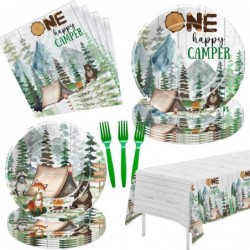 ديكورات عيد ميلاد One Happy Camper - أدوات مائدة لتزيين حفلات التخييم لعيد الميلاد الأول، طبق ورقي، منديل، مفرش طاولة، شوكة، لوازم حفلات عيد الميلاد الأول للتخييم والمغامرات | تكفي 24 شخصًا