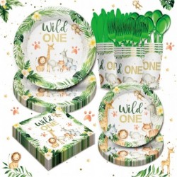 مجموعة أدوات المائدة لحفلات أعياد الميلاد من Wild One - ديكورات أعياد الميلاد السفاري تتضمن أطباقًا ومناديل وأكوابًا وأدوات مائدة لموضوع الغابة الحيوانية من Wild One Party Supplies | تكفي 24 شخصًا