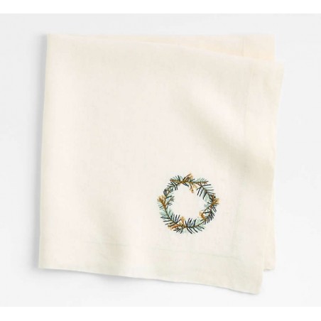 Marin Alba Ivory Embroidered Wreath Linen Dinner Napkin